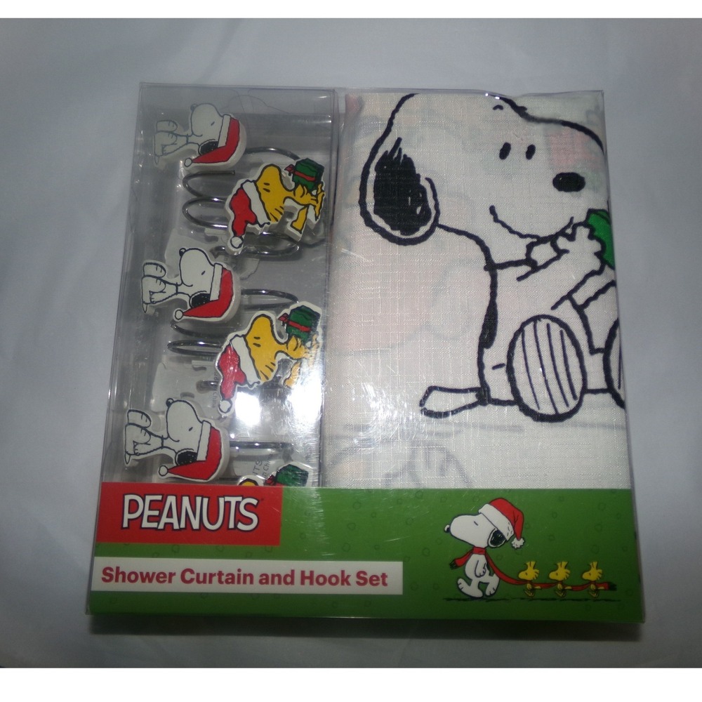 Peanuts Christmas Snoopy Woodstock Shower Curtain and 12 Hook Set New Holiday